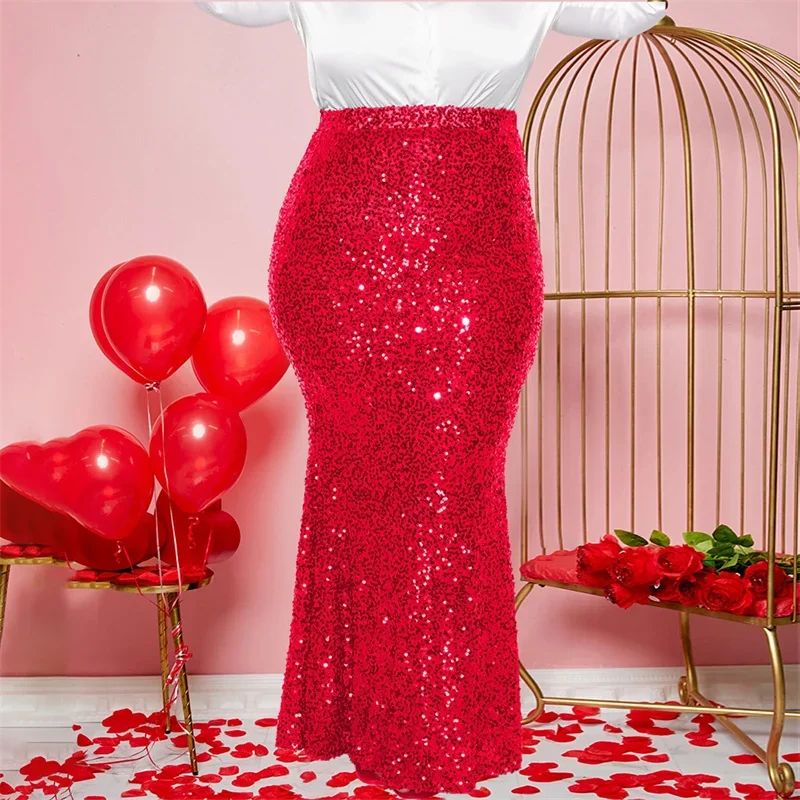 New 2024 Women High Waist Bodycon Sexy Sequins Long Skirts Shiny Zipper Solid Glitter Party Night Club Mermaid Skirts Red Ladies