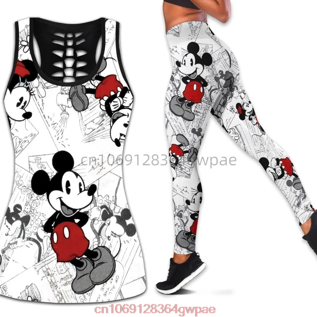 Disney Mickey Women\'s Book Hollow Tank Top+Women\'s Leggings Yoga Wear Fitness Leggings Sports Suit Disney Tank Top Leggings Suit