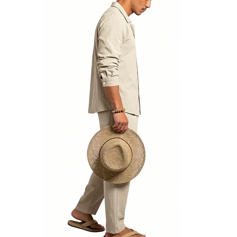 Europäisch-Amerikanisches Herren-Leinen-Freizeitset: Hemd mit Umlegekragen und Hose mit hohem Bund und Gürtel – Locker, atmungsaktiv, für Urlaub und Strand – Detail 29