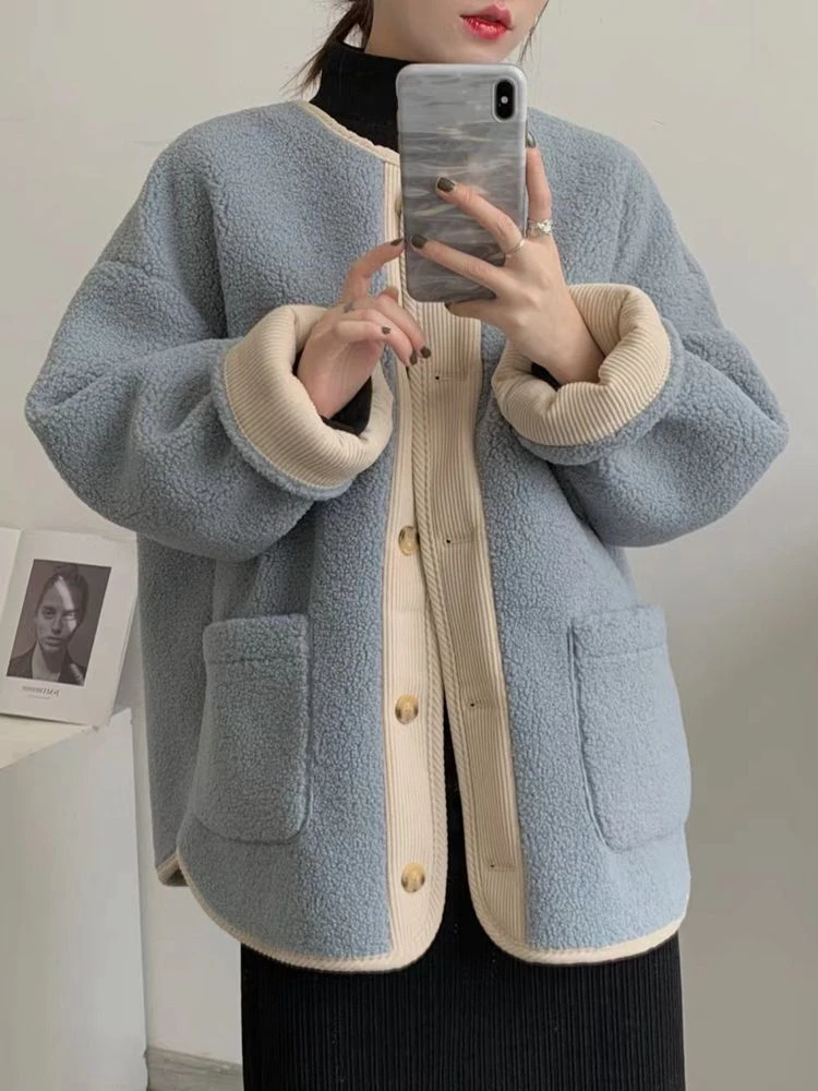 Lambswool Cardigan Women Panelled Ins Loose Fit Thickened Warm Windproof Autumn Winter All-match Elegant Sweet Chic Popular Coat