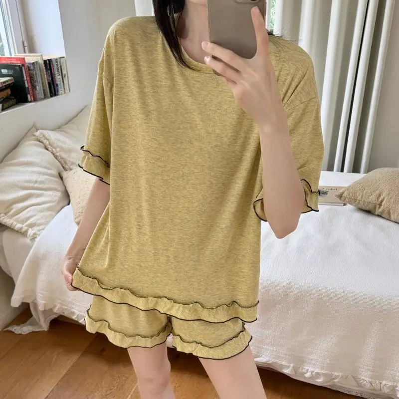 Sexy Pajamas for Women Summer Thin Short-sleeved Casual Simple Solid Color Large Size Loose Shorts Home Wear Set