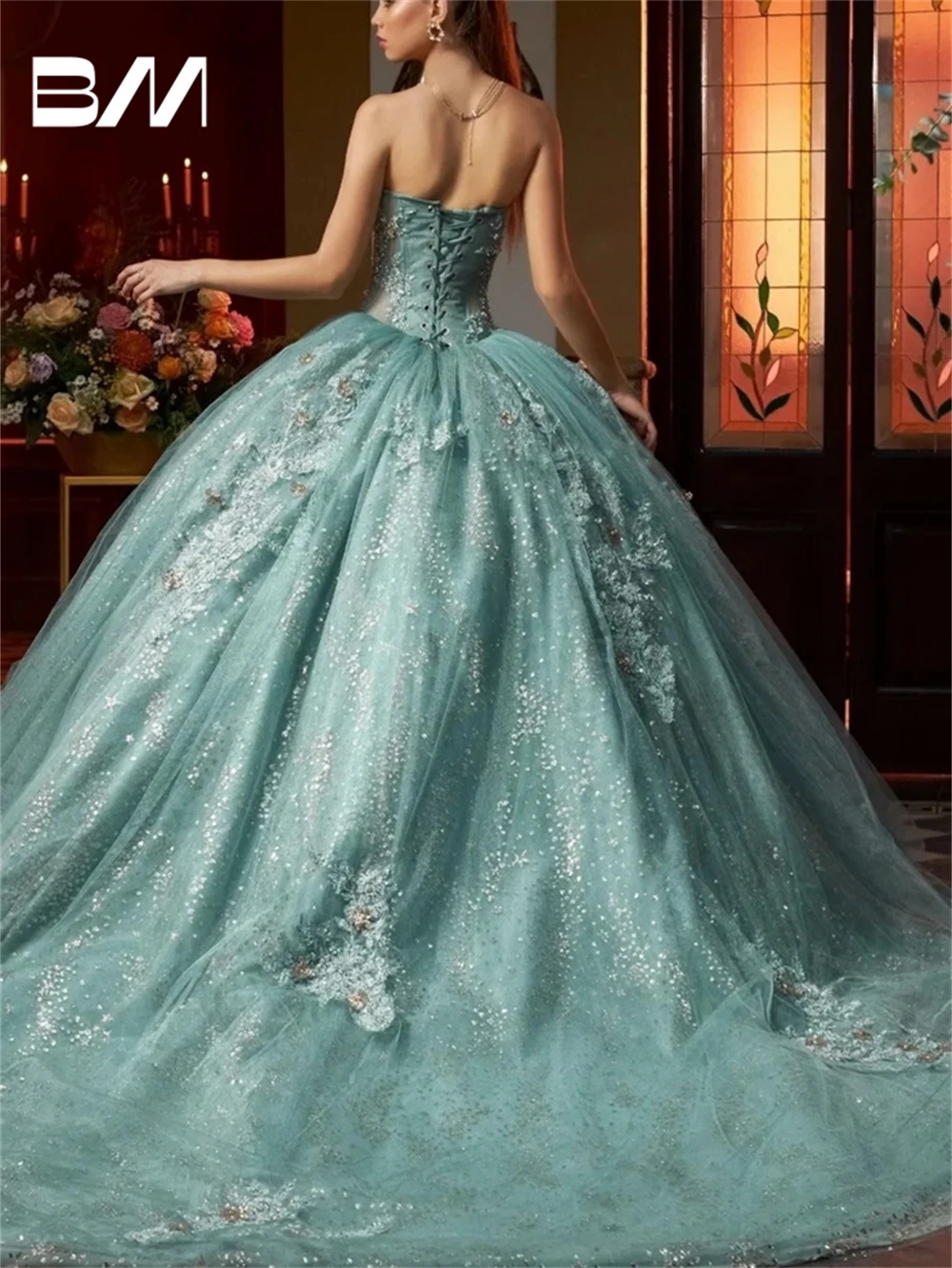 Elegant Sparkle Tulle Ball Gown Detachable Long Sleeves Strapless Sweet 16 Dress Quinceanera Dress 2024 Party Prom Dress