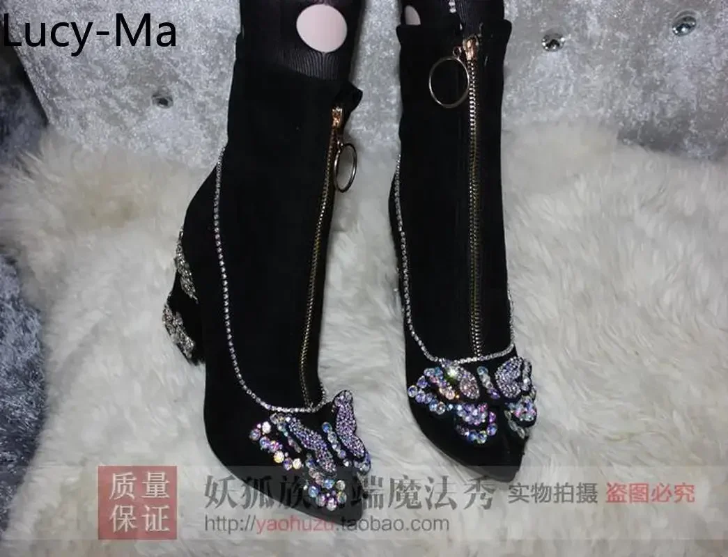 Womens Rhinestones Crystal Butterfly DIY Decor Pointy Toe Ankle Boots Block High Heels Stretchy Shoes Central Zip Black New 2024