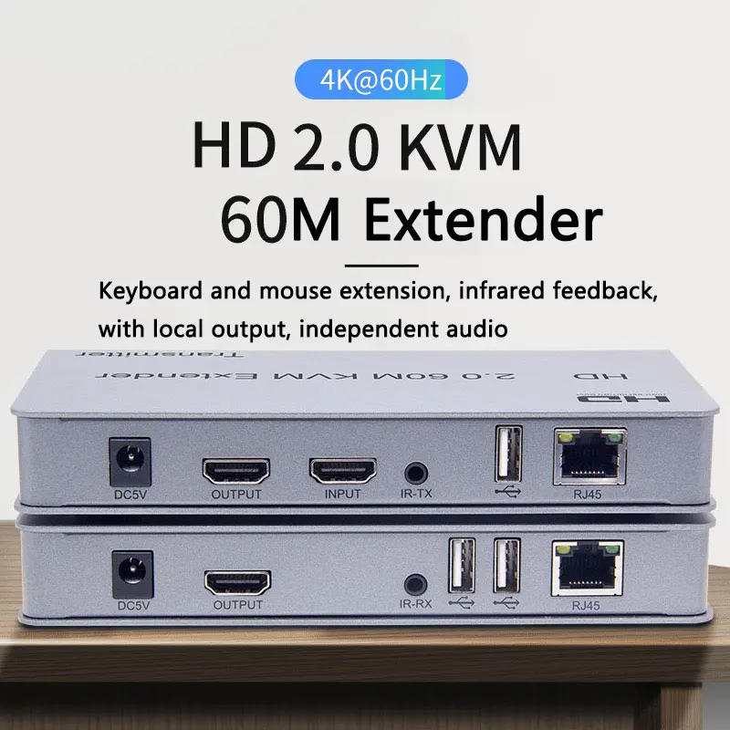 4K 60Hz 2.0 KVM 60M I USB Extension Over Ethernet CAT5e/6 1080P for HDMI Extender with USB Support Mouse Keyboard