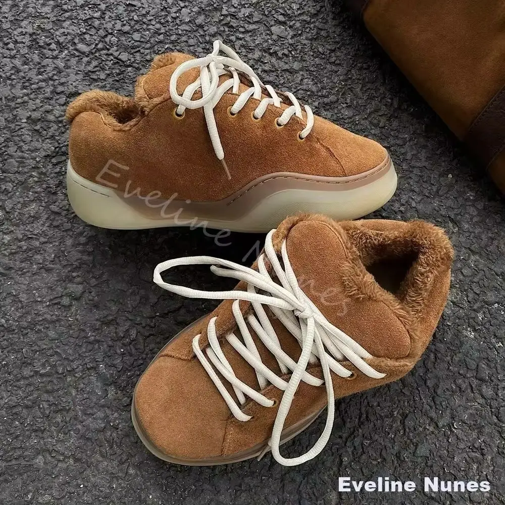 Botas de Invierno Casuales Planas para Mujer/Hombre, Forradas de Felpa, Cálidas, con Punta Redonda y Cordones Cruzados, Color Marrón