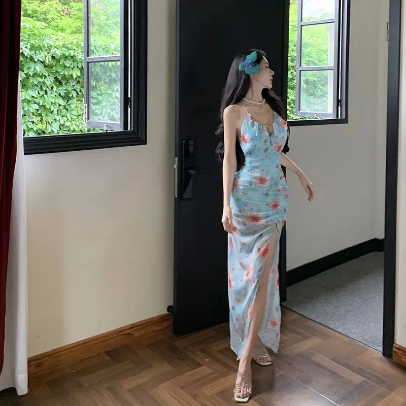 

Женское макси-платье с цветочным принтом, на бретелях, с разрезом на бедре, приталенное, для вечеринок
