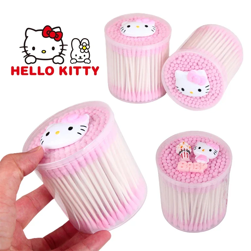 Confezione da 200 pezzi Hello Kitty Spiral Double Head Cotton fioc Stick Cotton Ball Anime Cute Cleaning Tools scarico tampone di cotone per il