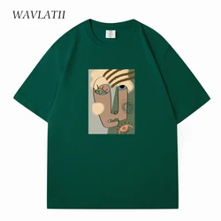 WAVLATII New 2023 Women Dark Grey Cool T shirts Female Abstract Printed Cotton Oversized Tees Lady Khaki Tops for Summer WT2321