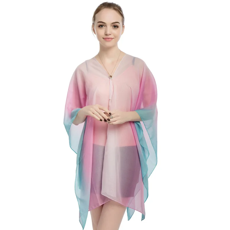 2022 Summer Style New Chiffon Women Pullover Cape Print Gradient Rainbow Sunscreen Cape Lady Poncho Capes Pink Imitation Silk