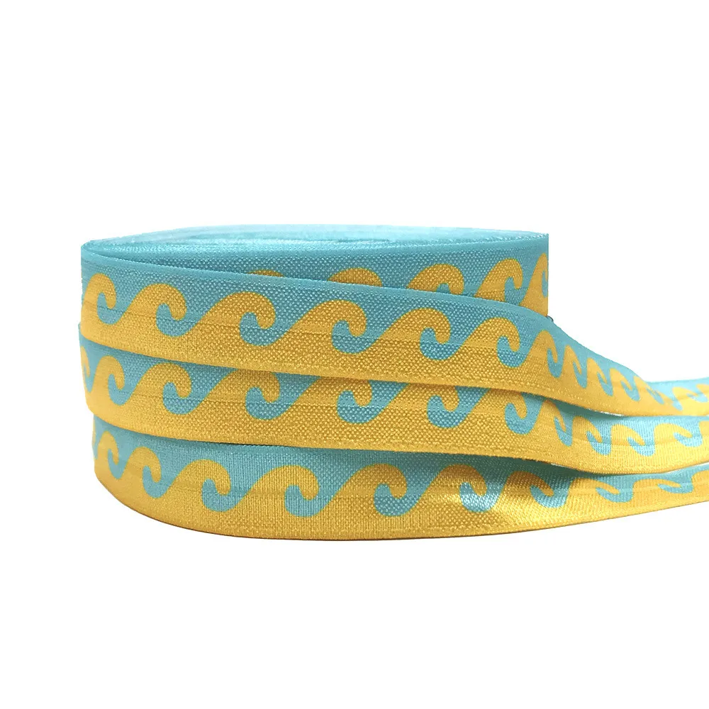 Sea Wave Print 4 Colors Fold Over Elastic 15MM FOE Ribbon For DIY Headwear Gift Webbing Accessories 10yard