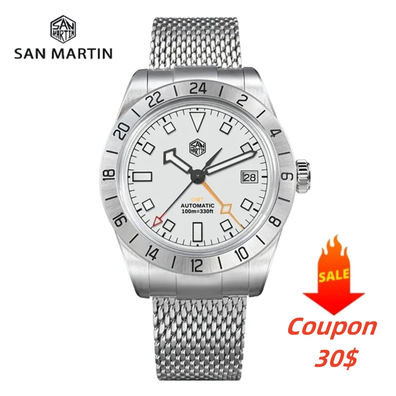 

San Martin New 39mm GMT Watch Luxury Sport Watches NH34 Automatic Mechanical Mesh Milanese Bracelet Waterproof 10Bar BGW SN0135