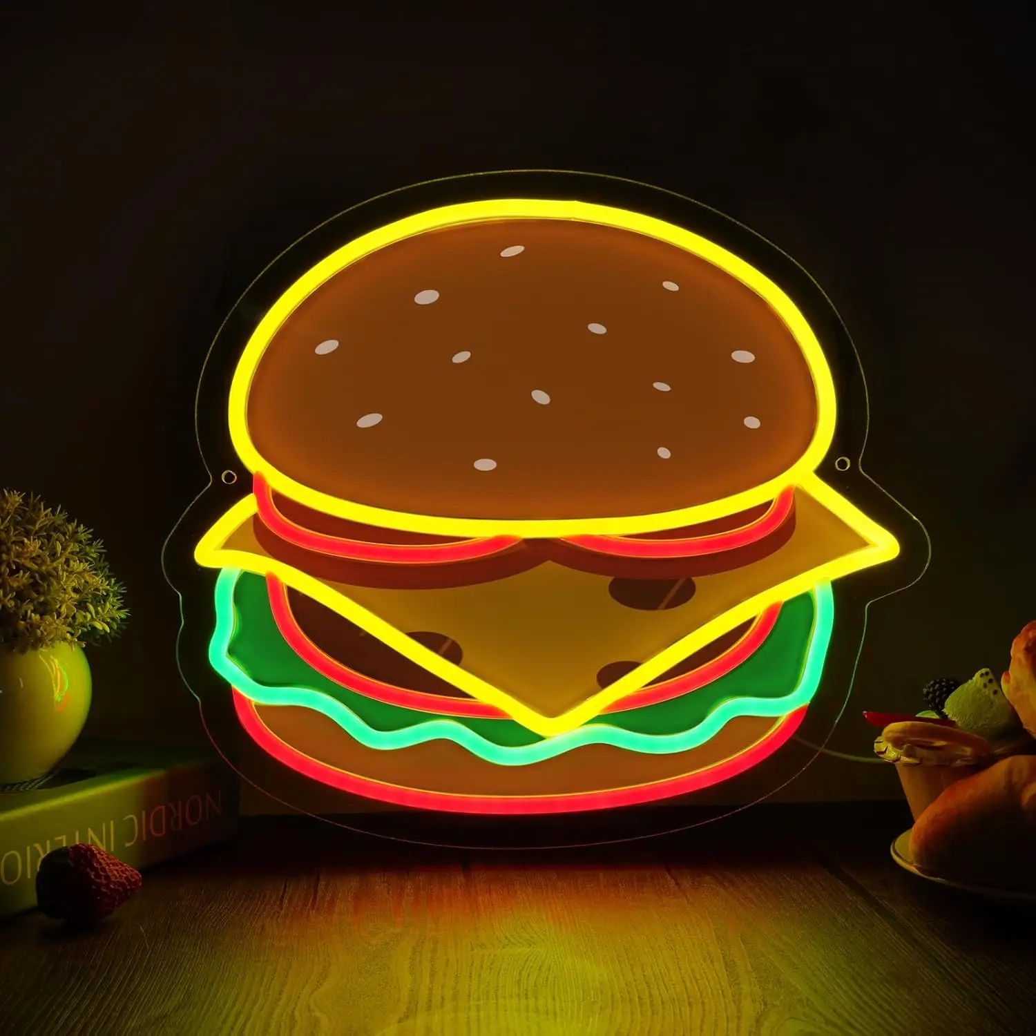 

Burger Neon Sign Hamburger LED Neon Light USB Fast Food Business for Burger Shop Restaurant Kitchen Store Party Food Truck Decor