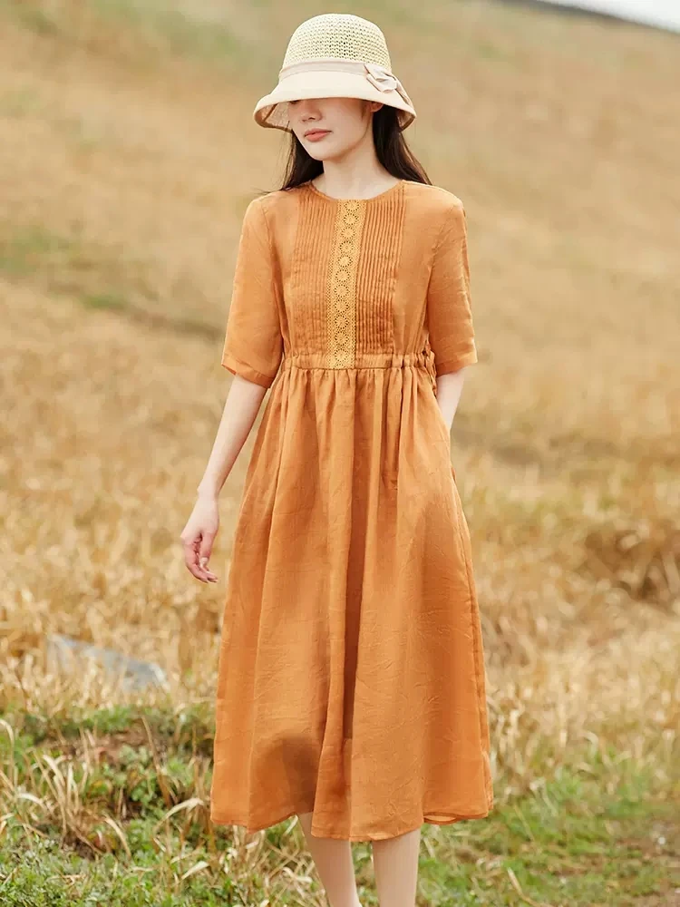 Oversize Summer Cotton Linen Midi Dress Women Embroidery Flower Ruffled Pleated O Neck Half Sleeve Casual Loose Long Dress X1337