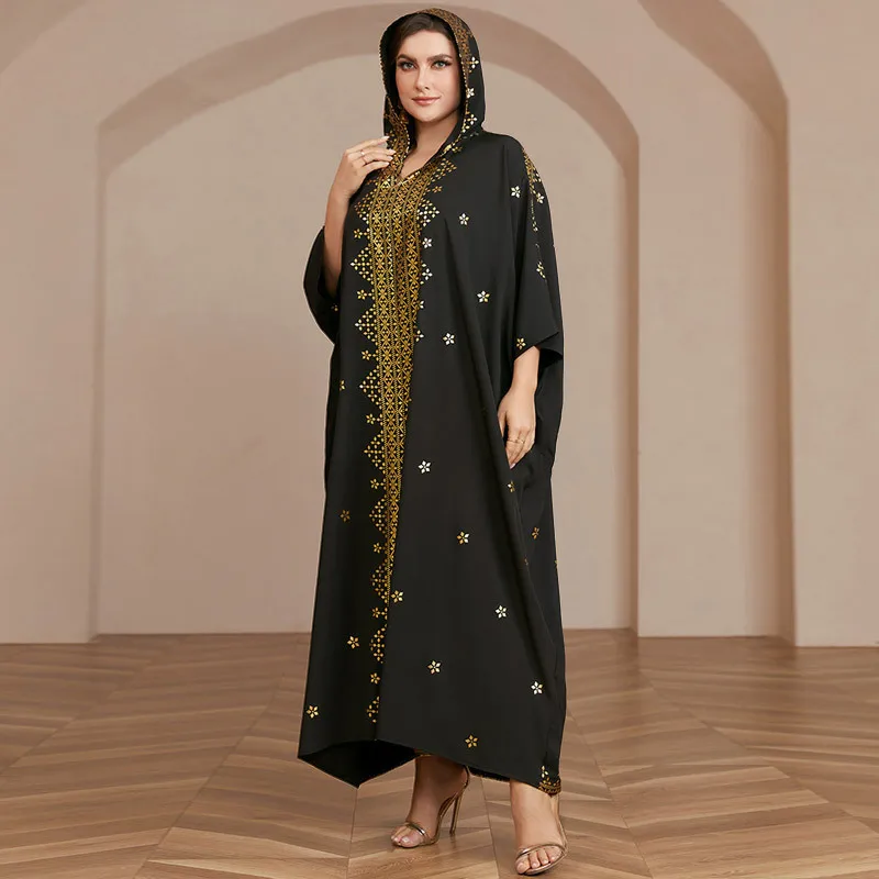 DD23018 New Muslim V-neck Hooded Robe with Four Side Elastic Gold Stamping Dress