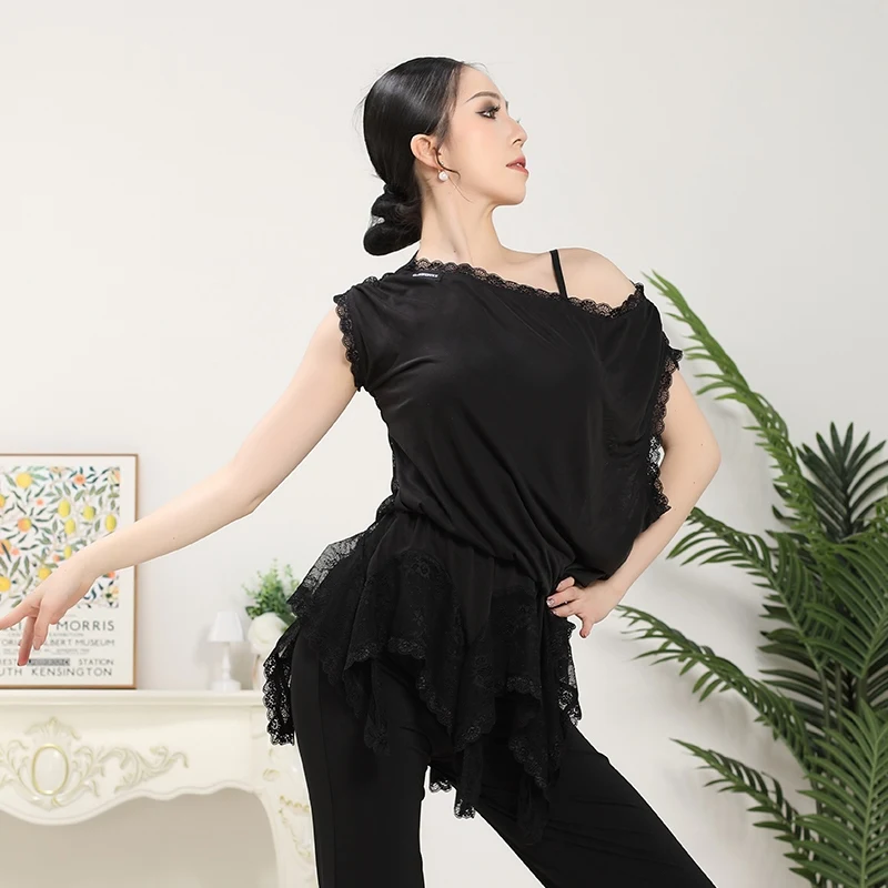 Traje de baile latino para mujer, Top de encaje suelto de verano, Tops negros de manga corta, ropa de entrenamiento de bailarina femenina blanca, ropa de práctica 3811
