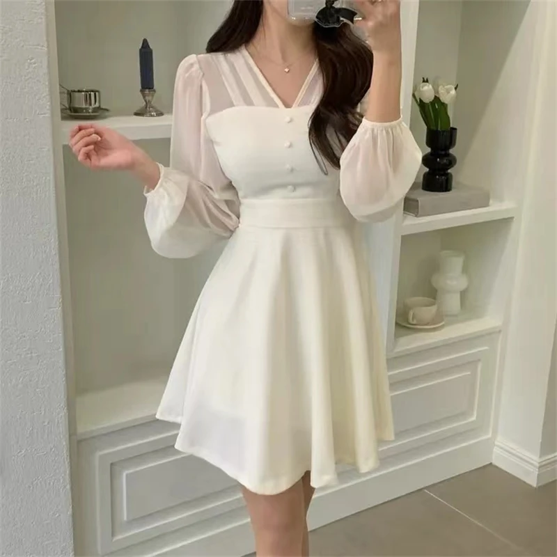 

2024 New White Dress Women Spring Mesh Long Sleeve Short Black Dress Sweet Pink Dress Elegant OL Dress Korean One Piece Dress