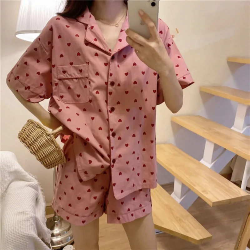 Women Pajamas Homewear Set Short-Sleeved Shorts Two-Piece Set Printed Girl Cardigan Nightwear Loungewear Comfortable Sleepwear