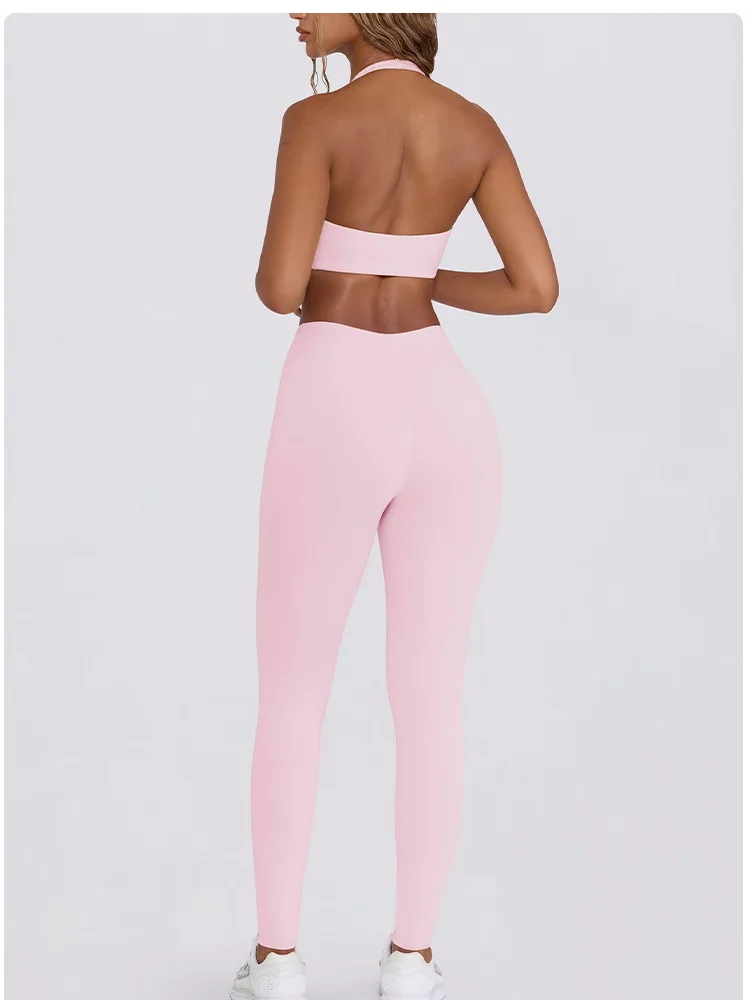 SEEKSUC Women's Yoga Suits Quick Drying Leggings Gym Shorts Nude Hanging Neck Bra Running Gym Exercise Sets - Image 4