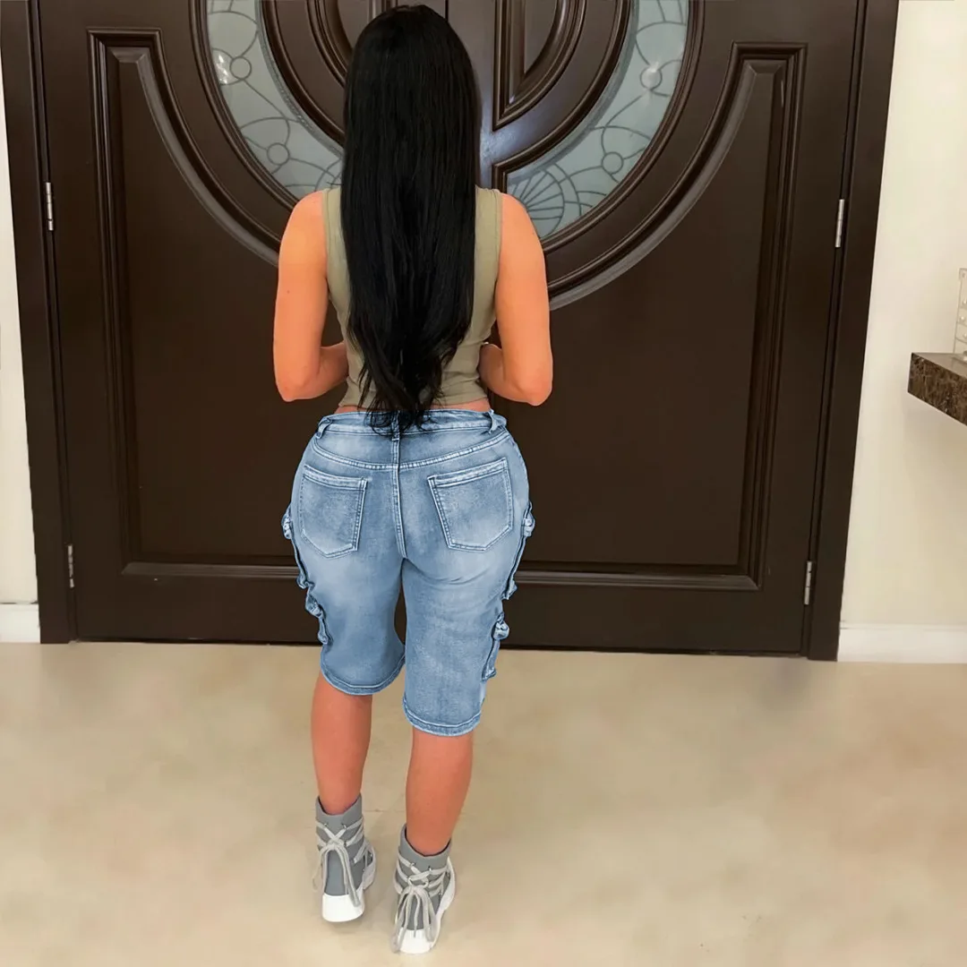 Pantaloni da donna in denim Mezza lunghezza Jeans da mamma Pantaloni a gamba larga Pantaloni dritti a vita alta Y2k Streetwear Tasca Splice Casual Allentato