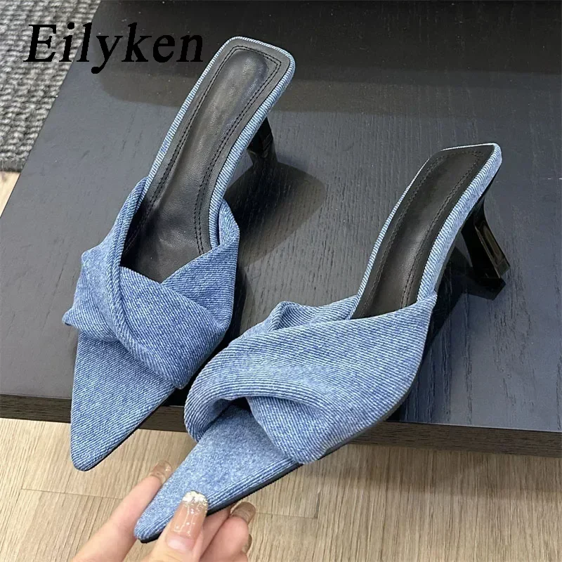 Eilyken Fashion Design Pleated Pointed Toe Women Slippers Elegant Thin Low Heels Summer Female Slide Shoes