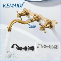 KEMAIDI Bathroom Faucet Antique Brass Wall Mounted Bathroom Sink Faucet 360 Swivel Spout 2 Cross Knobs Handles Basin Faucet Tap