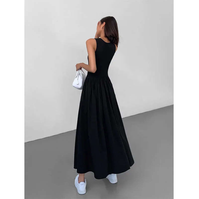 HOUZHOU Casual Black Sleeveless Long Dress Women Bodycon One-piece Dress Gown Maxi Dresses White Vintage Elegant Pleated Vestido