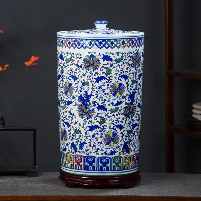 Jingdezhen Ceramic Rice Cylinder Rice Barrel Oil Cylinder Moisture-proof Sealed with Lid 20/25kg Tea Storage Tank Household