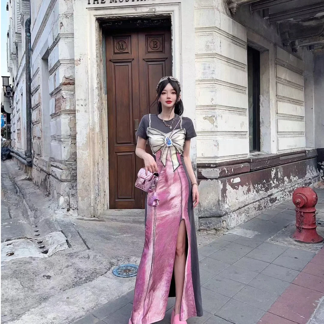 

Dress High Quality Short Long Bow Print Slit Long Dress Women Distressed Retro Versatile Dress Y2K 2024 New Hip-Covering Dress