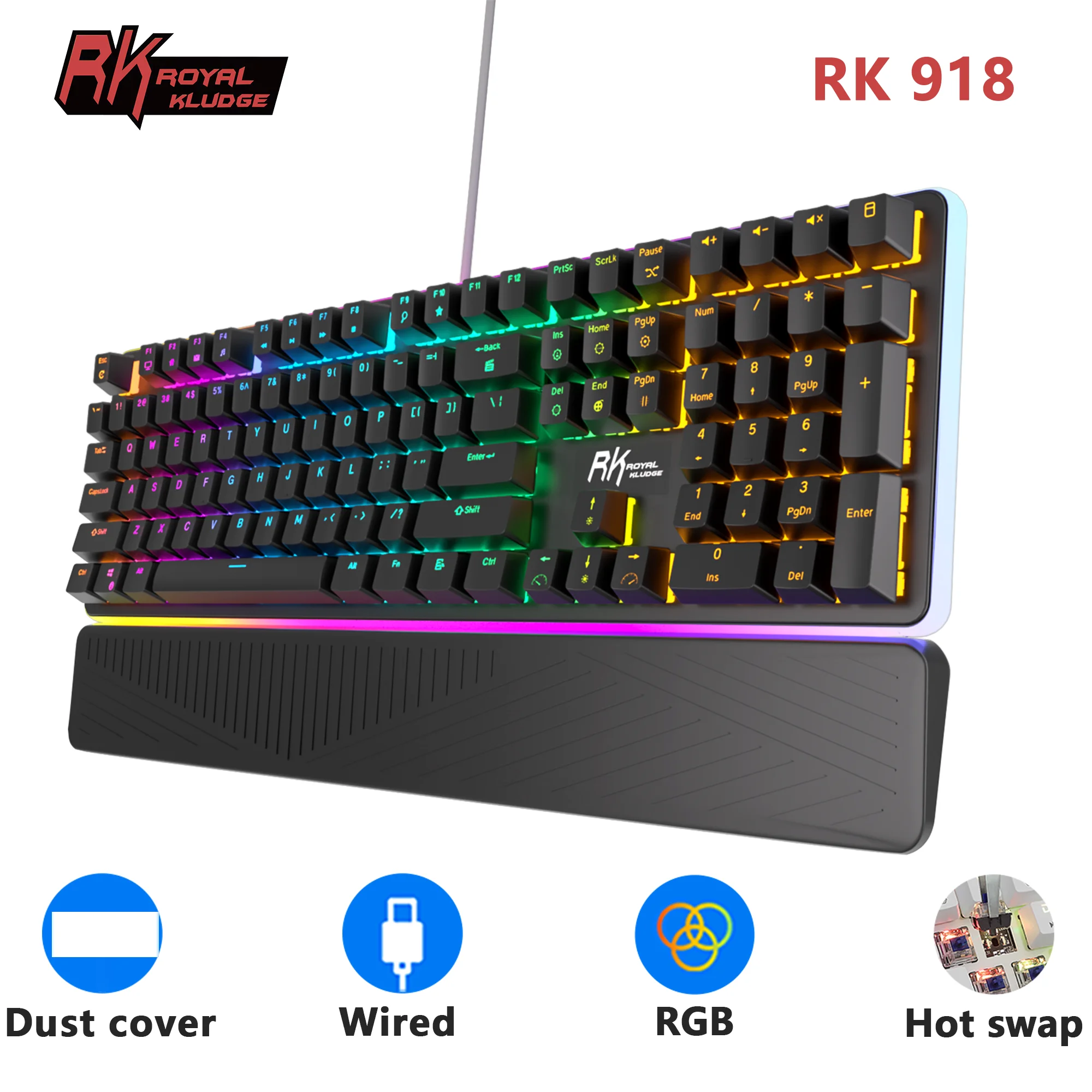 RK ROYAL KLUDGE RK918 Wired Mechanical Keyboard 108 Keys 100% RGB Backlit Gaming Keyboard with Large LED Sorrounding Side Lamp