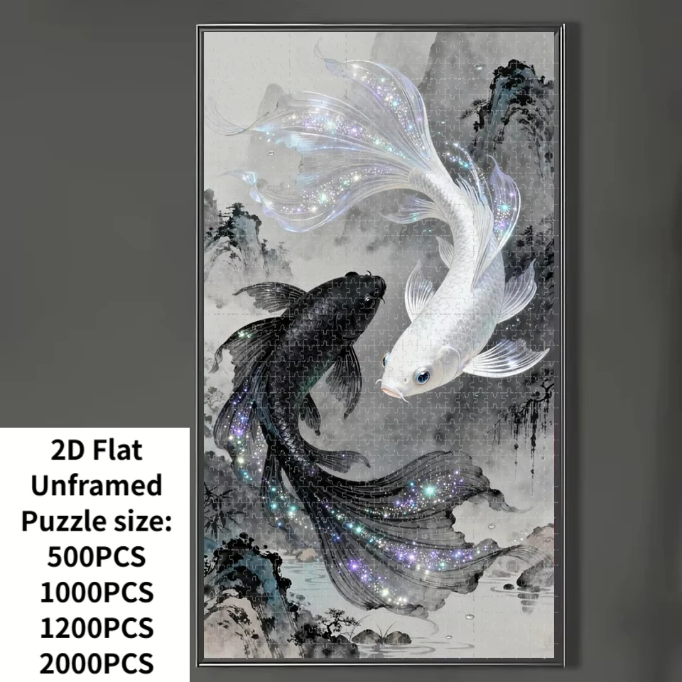 Adult Jigsaw Puzzle 1000 Pieces Puzzle Black and White Koi Fish Animal Paper Puzzle Decorative Painting Exercise Brain Thinking