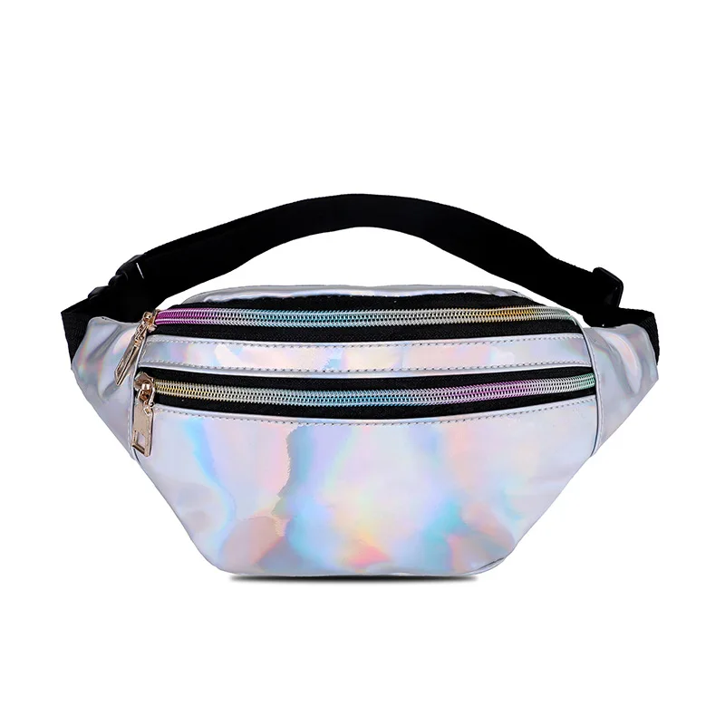 Sac banane holographique pour femme, sacs de taille à fermeture éclair, sac de ceinture pour fête et voyage, laser PU Beach Traverl Gels Hip Bum