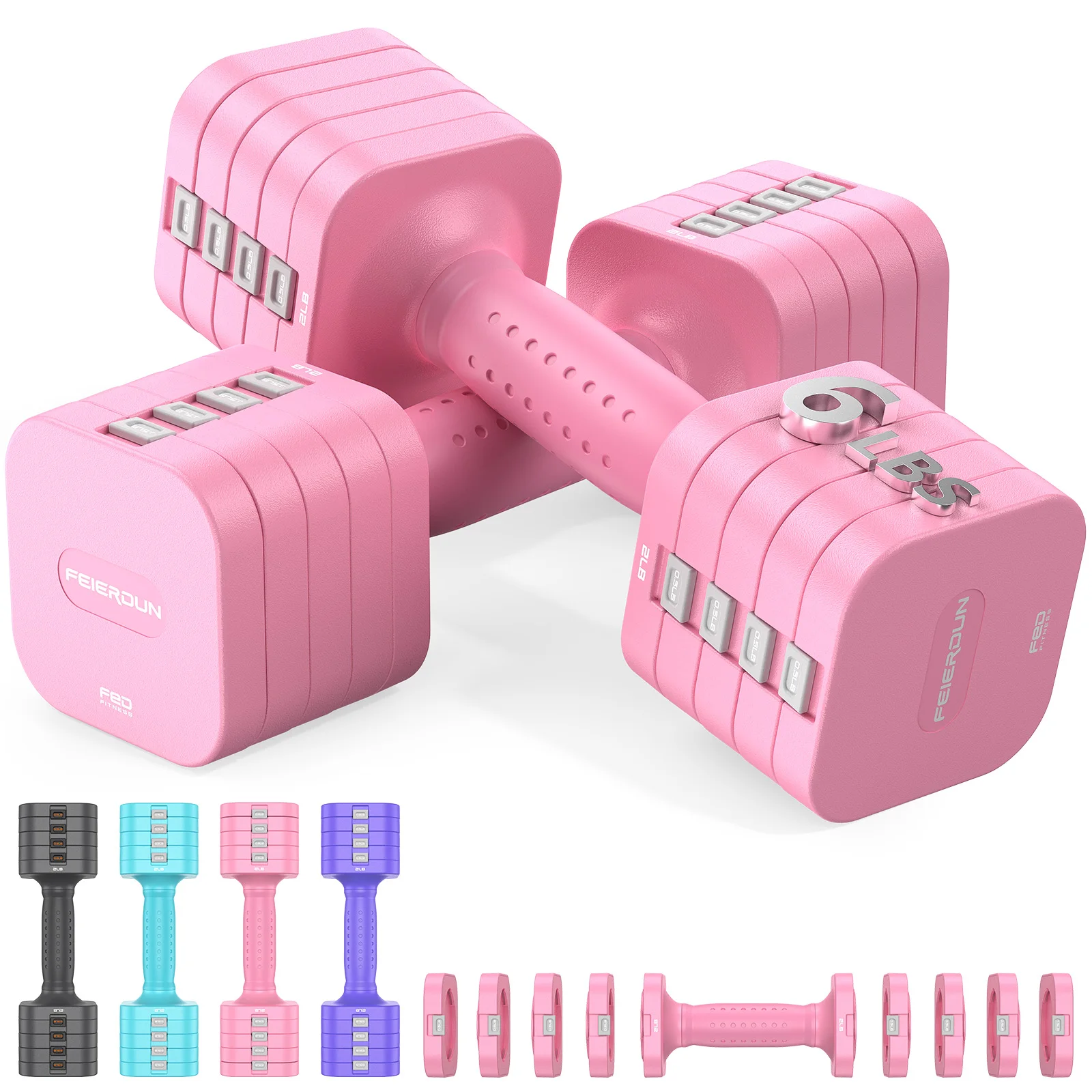 Haltères réglables FED Fitness Feierdun Series DB3 5-en-1, lot de 2, poids de 5,4/9,1 kg, réglage rapide doublement stable, pour la maison et l'extérieur.