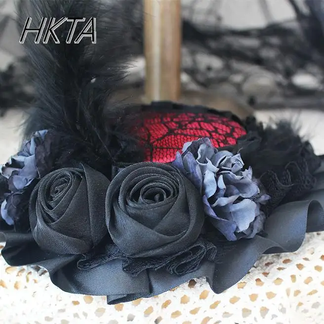 ฤดูใบไม้ผลิและฤดูร้อน Lolita ฮาโลวีน Headwear Feather ดอกไม้ลูกไม้ผู้หญิงอุปกรณ์เสริมผม Burgundy หมวกสาว Headpieces หมวก