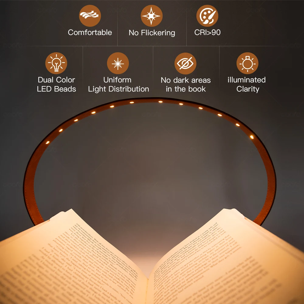 COOLO Unique LED Book Light USB Rechargeable Reading Light Stepless Dimmable 9-Color & 9-Brightness Eye Protection Night Light