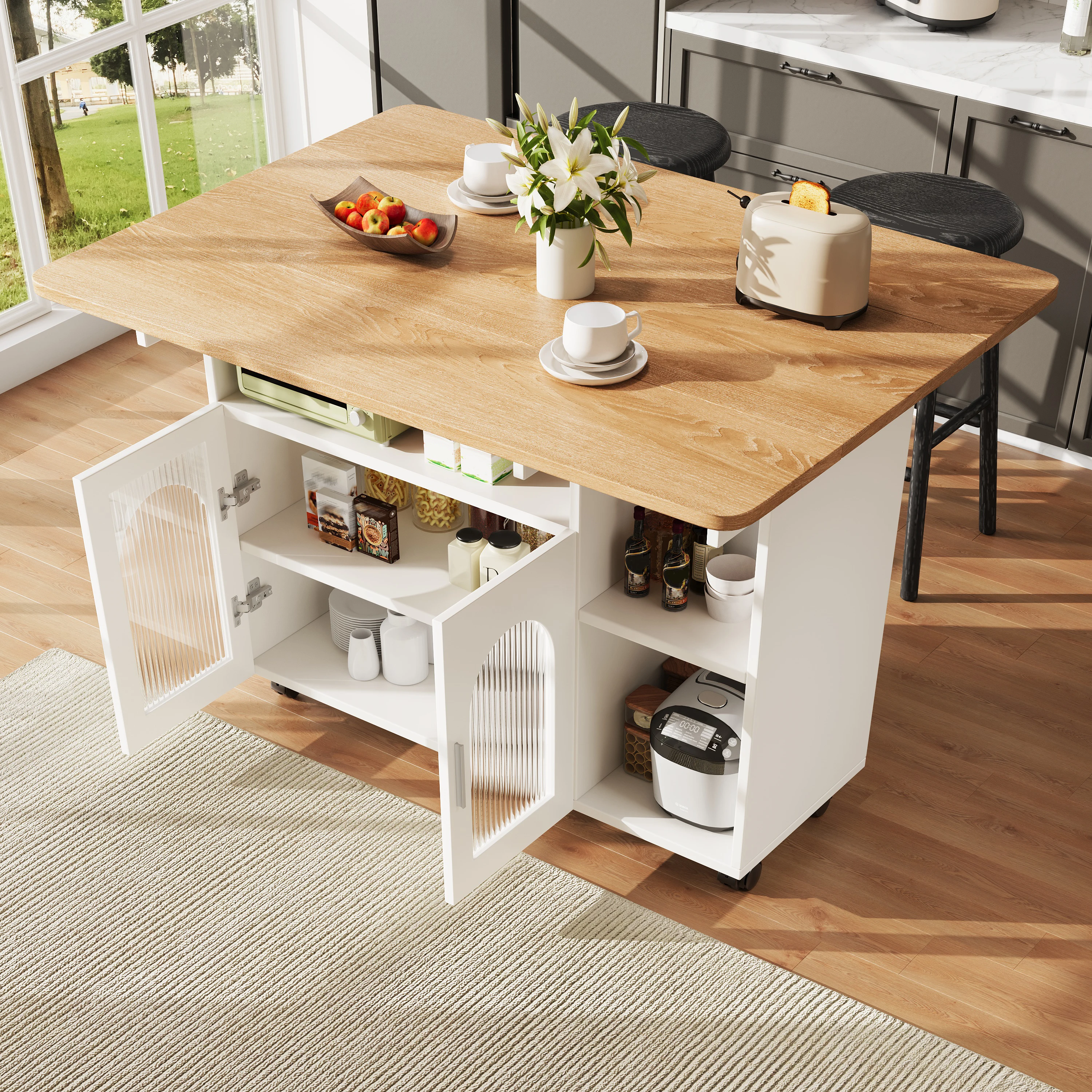 Chariot de cuisine moderne avec table rabattable, buffet multifonctionnel, chariot de service amovible avec finition grain de bois, armoire de rangement avec étagères ouvertes et armoires fermées, construction durable en MDF et métal, roulettes verrouillables, blanc