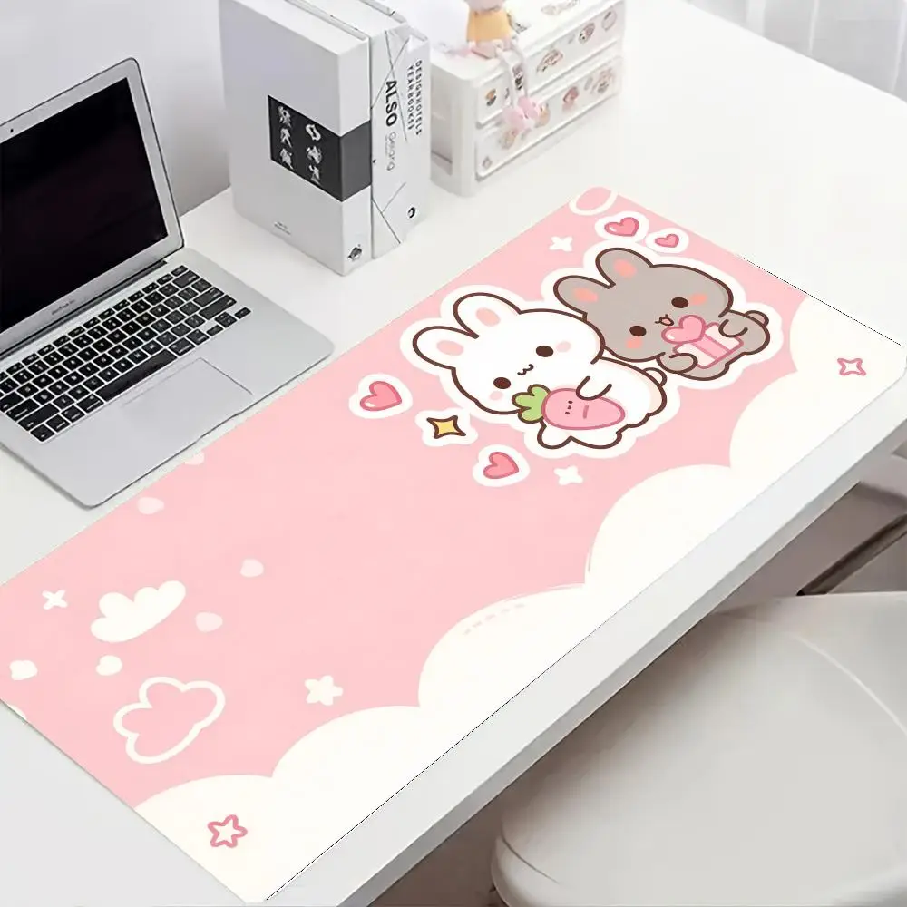Pink Rabbit And Hamster Table Mat Large Size Smooth Cloth Surface Non Slip Rubber Base For Cute Style Study Desk