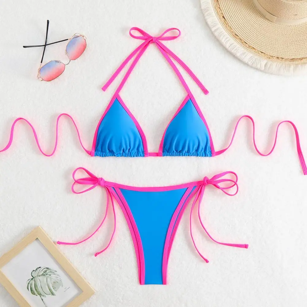 Sexy Lace-up Swimsuit 2Pcs/Set Women Bikini Set Halter Neck Chest Pads Bra Lace-up Briefs Set Patchwork Color Sexy Beachwear