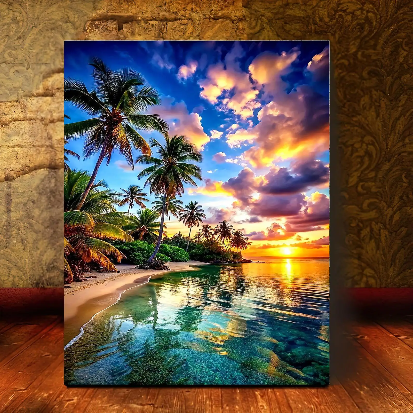 Professional Art Use 1pc Frameless Digital Oil Painting Kit, Seaside Sunset Palm Silhouette Shimmering Light Reflection, Incl