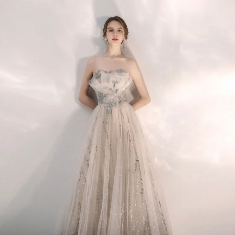 2025 verão novo elegante vestido longo sem alças fino ajuste e emagrecimento anfitrião dama de honra prego grânulo banquete vestido de noite para mulher