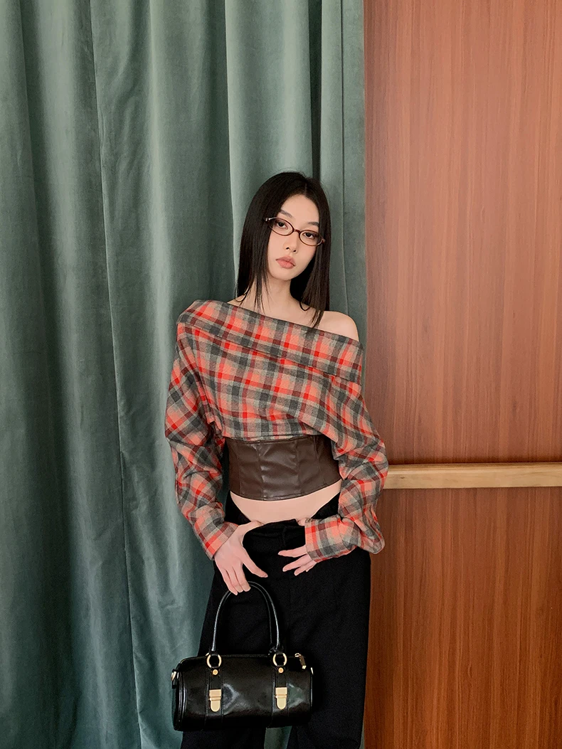 CHEERART Off The Shoulder Plaid Batwing Blouses Women Long Sleeve Crop Top Patchwork Leather Designer Blouse Fall Clothes 2024