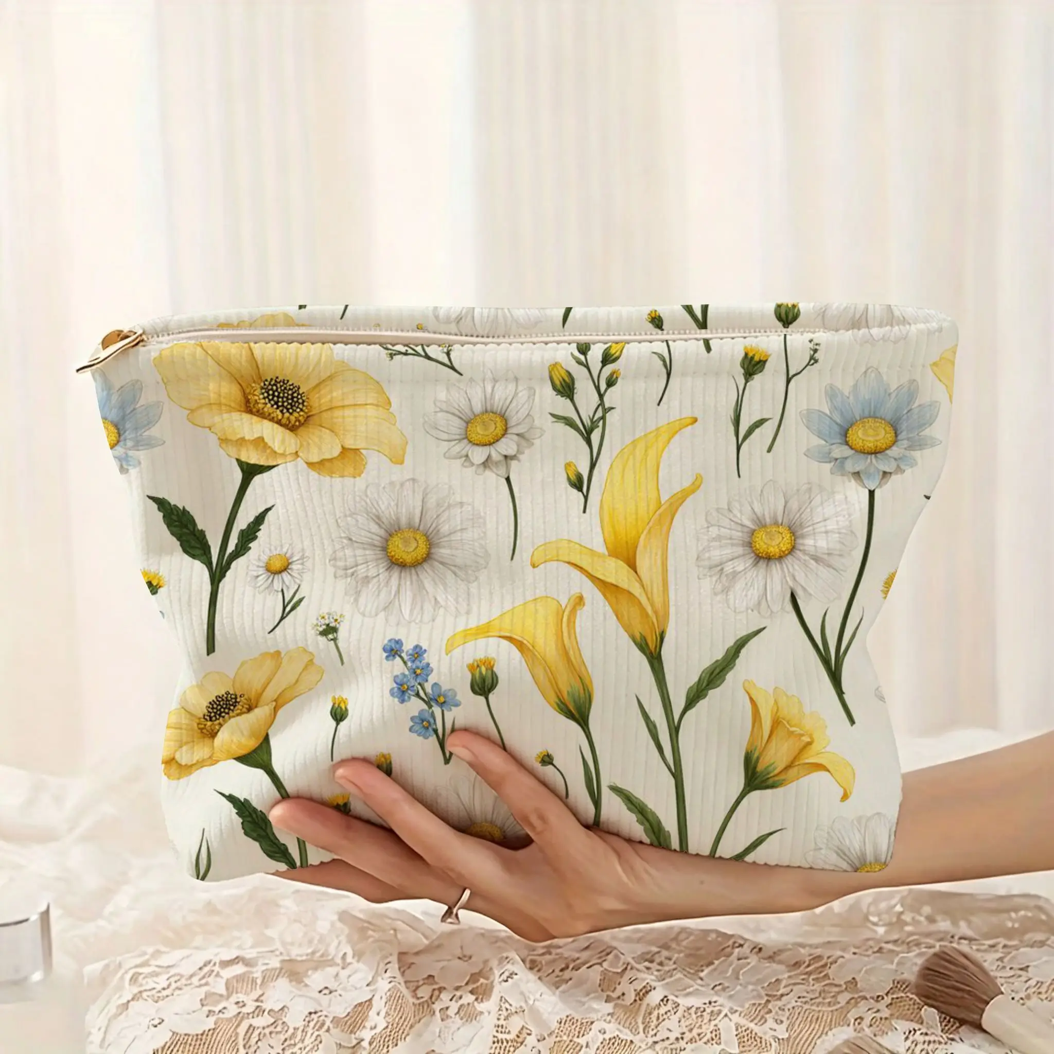 Vintage Corduroy Makeup Bag Suitable for Travel, Toiletry Organizer with Zipper Closure, Botanical Print Cosmetic Pouch
