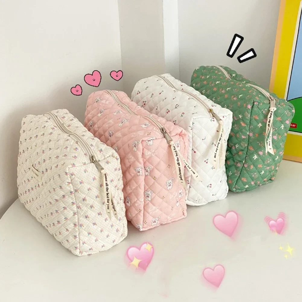 Cute Floral Print Women Makeup Beauty Case Pouch Korea Quilted Soft Cotton Cosmetic Storage Bag Travel Organizer Toiletry Bag