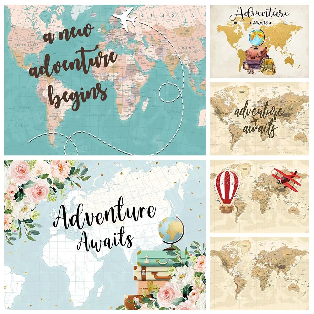 

Mocsicka Adventure Awaits Baby Shower Backdrop Wall Decor Travel Map Airplane Newborn Portrait Photography Background Photoshoot