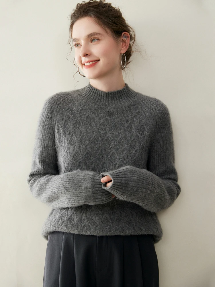 Thick Cable Stitch Autumn Winter Mock Neck Women's Soft Warm Long Sleeves Pullover Sweater 100% Cashmere Knitted Clothing Tops