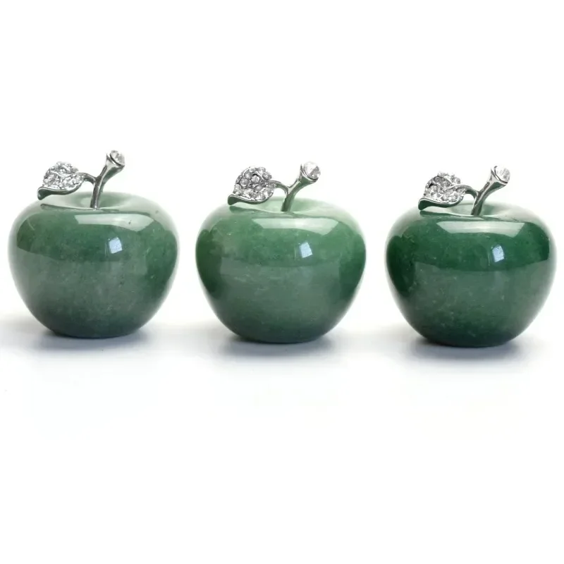 1.7 INCH Natural Chakra Semi-precious Stone Ornaments Crystal Reiki Healing Apple Statue with Alloy Leaf Home Decoration
