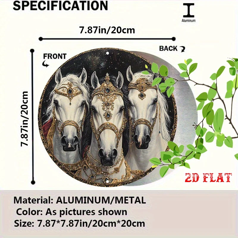 Vintage Round Metal Wall Art Featuring Three Majestic Horses with Ornate Golden Harnesses - 2D Flat Design, 19.81x19.81cm, Alu
