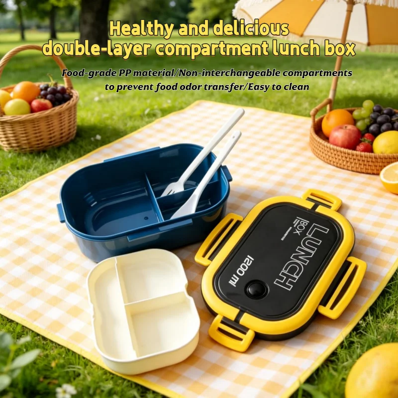

Новый портативный двухслойный герметичный ланч-бокс с приборами, пригодный для микроволновой печи, для детского питания, для школы, кухонные принадлежности для детей