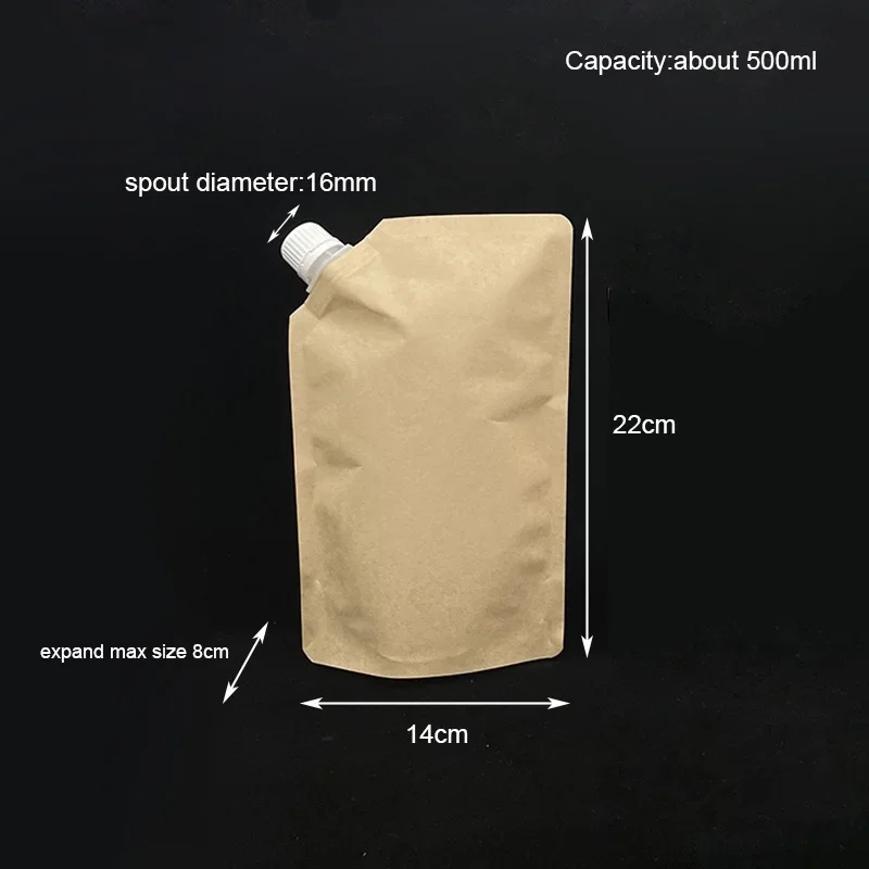 50pcs Kraft Paper Refillable Spout Pouch 500ML For Coffee Milk Honey Liquid Portable Packaging Storage Bag Large Capacity