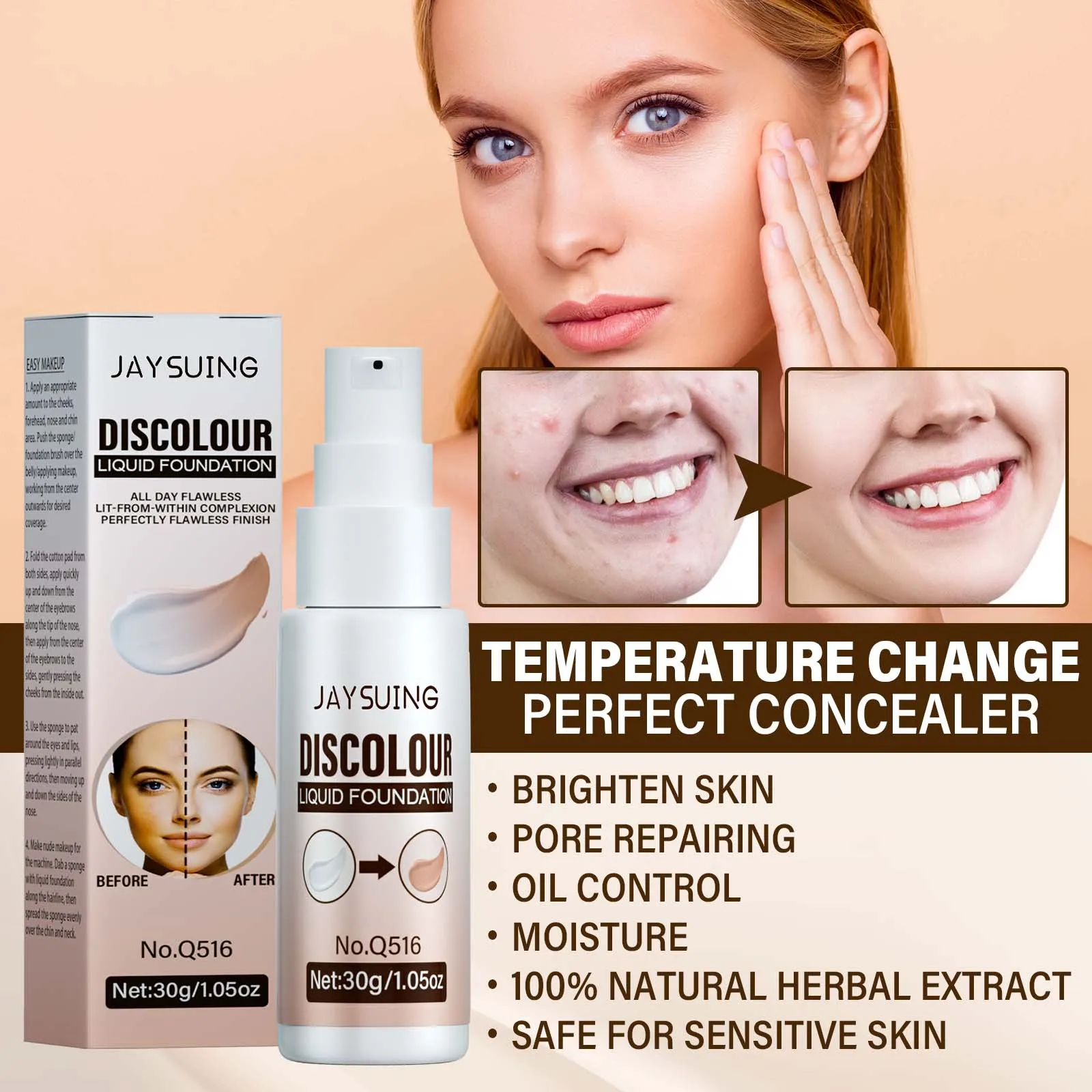 

Jaysuing Temperature Changing Skin Color Liquid Foundation Natural Natural Brightening Finishing Concealer Color Changing Makeup