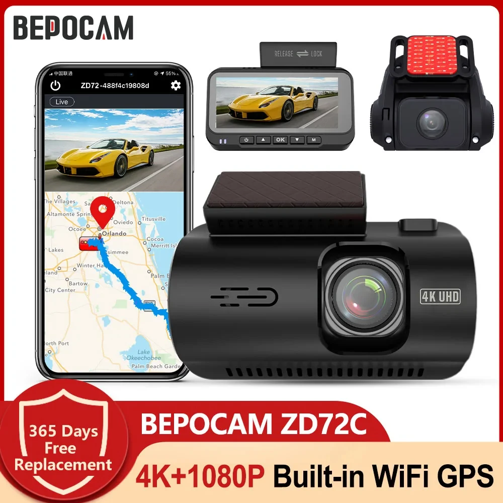 BEPOCAM ZD72C داش كام 4K لكاميرا السيارة الأمامية والخلفية المدمج في نظام تحديد المواقع واي فاي DVR داشكام السيارات سجل للرؤية الليلية شاشة ركن السيارة